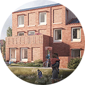 A red brick house with a family standing in front of it.